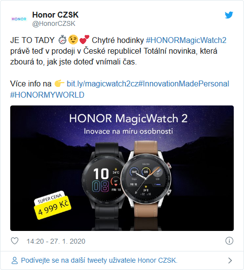 Chytré hodinky Honor Magic Watch 2 jsou na českém trhu